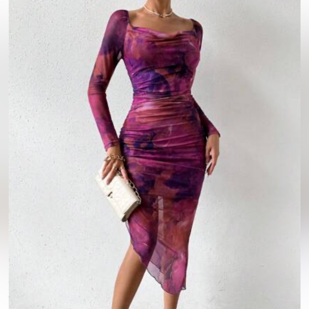 Long Sleeve Purple and Pink Water Color Ruched Dress